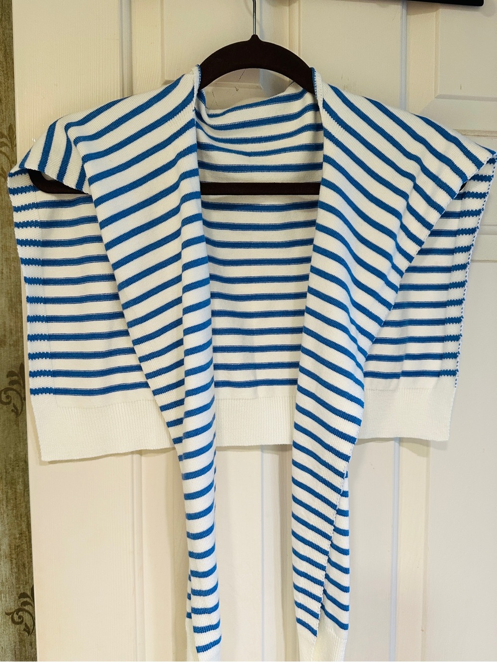 Never worn, faux “sweater shawl”.  Med blue and white stripe